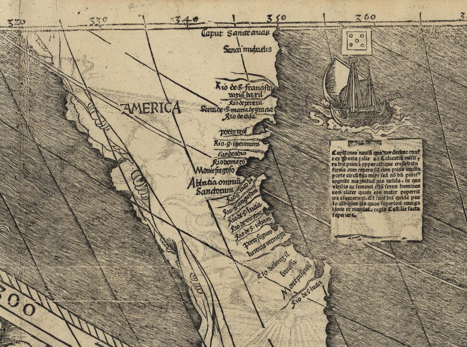 Detalle del mapa de Waldseemüller de 1507: la costa de Sudamérica con la palabra AMERICA escrita en el interior.